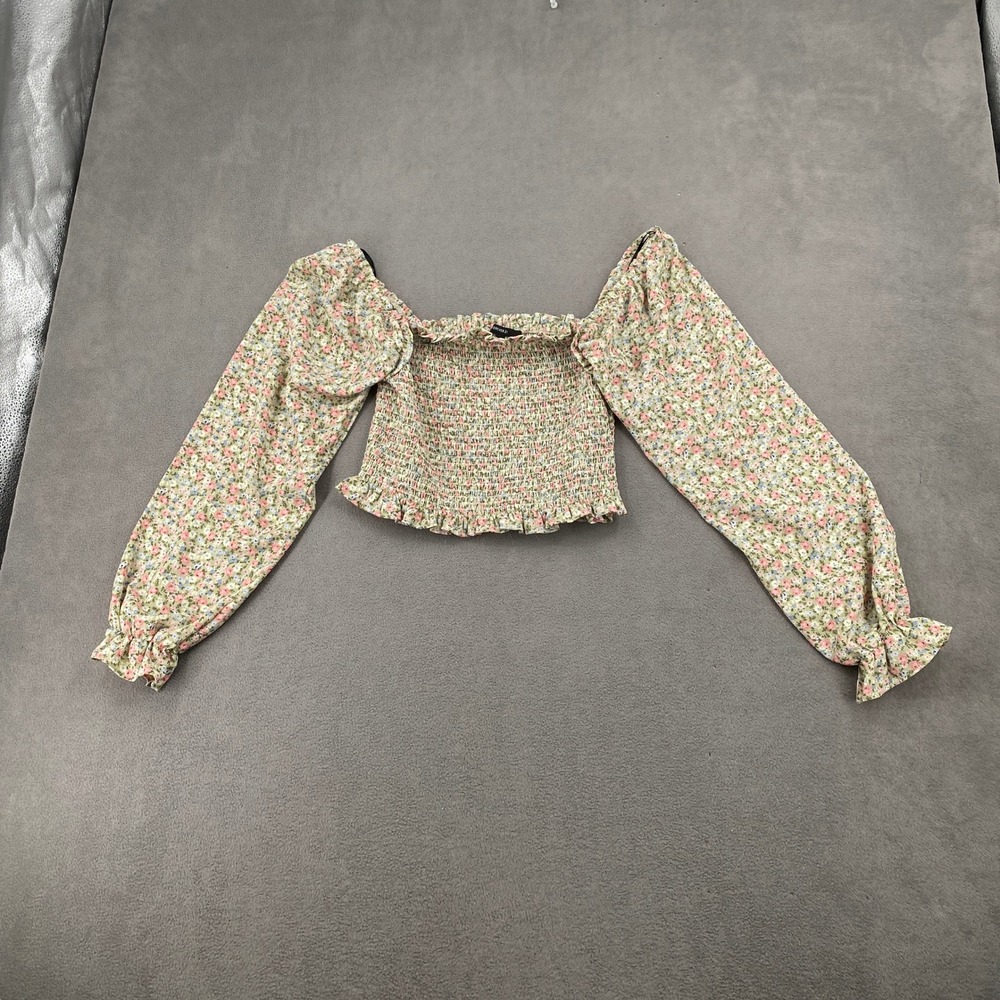 Forever 21 Floral Smocked Puff Sleeve Crop Top Sage Green Pink Blue Large